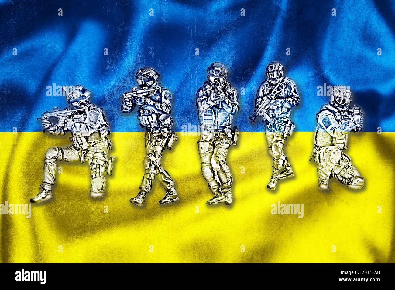 Special forces tactical team in action, unmarked and unrecognizable military team with Ukraine flag background, concept of war in Ukraine Stock Photo