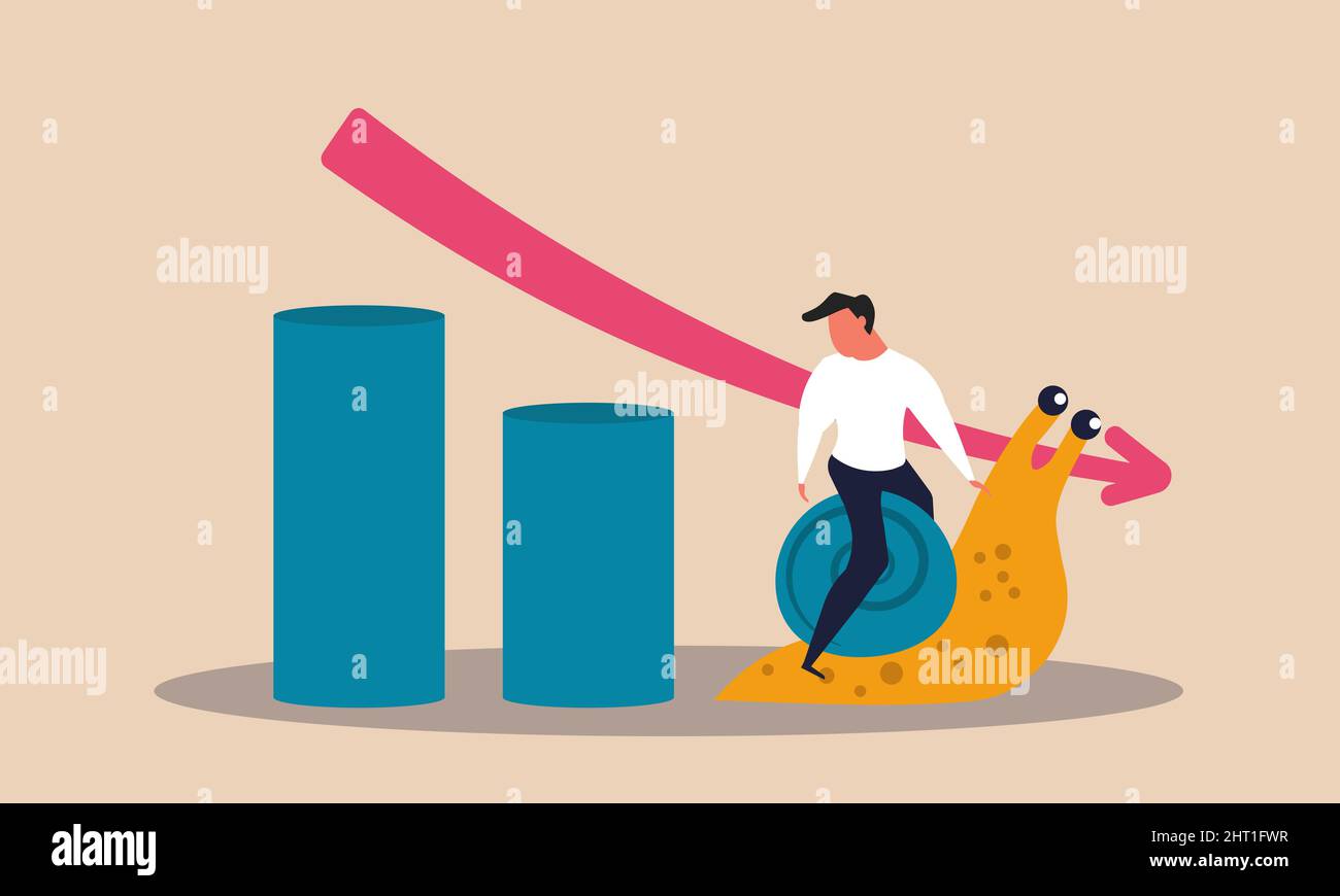 Gdp slow forecast and slump economy. Slowdown arrow and decline estimation statistic trend vector illustration concept. Currency downturn and governme Stock Vector