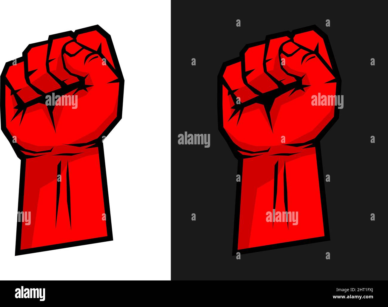 Raised hand with clenched fist. Red protest symbol. Flat design, vector on transparent and black background Stock Vector