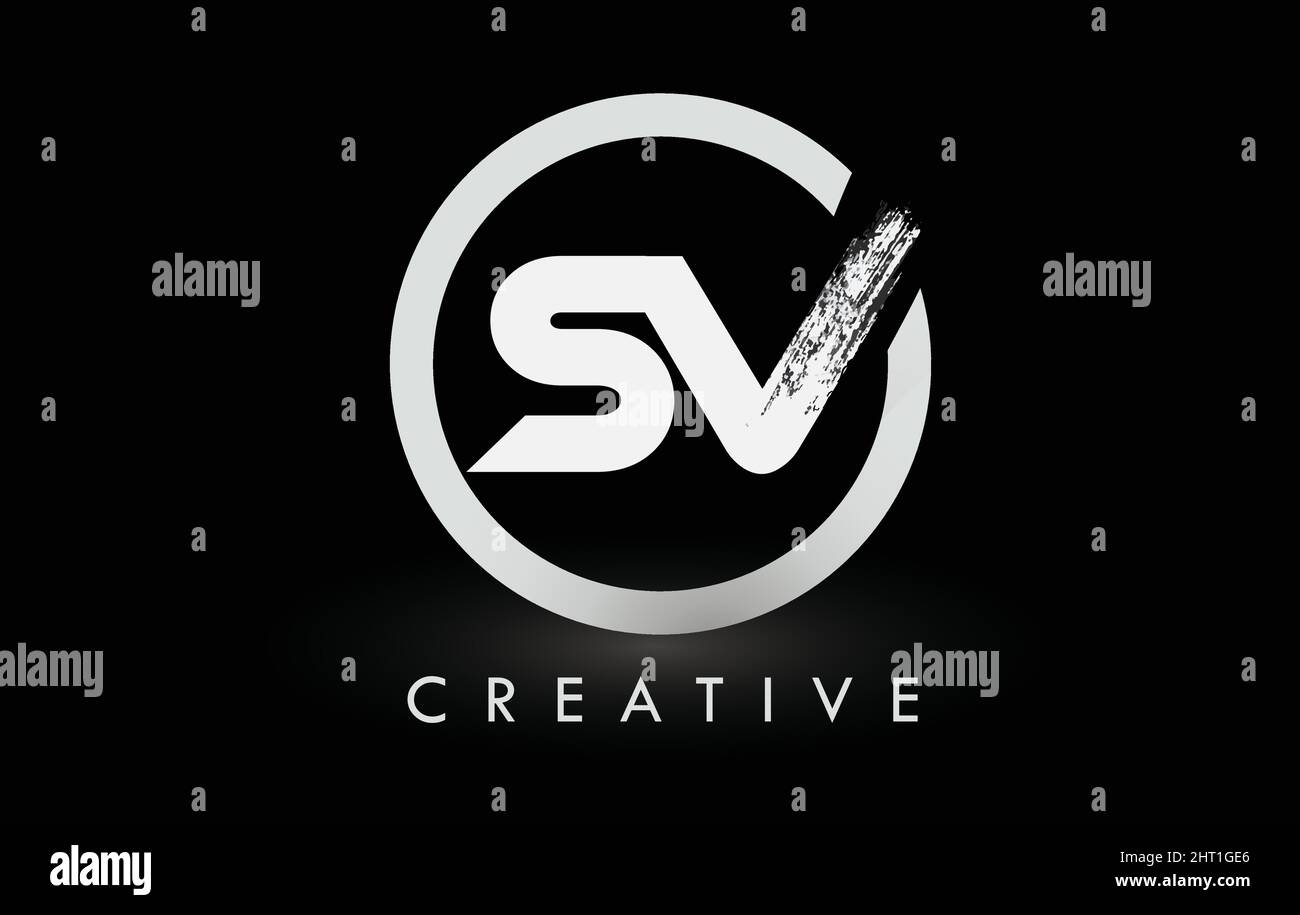 White SV Brush Letter Logo Design with Black Circle. Creative Brushed ...
