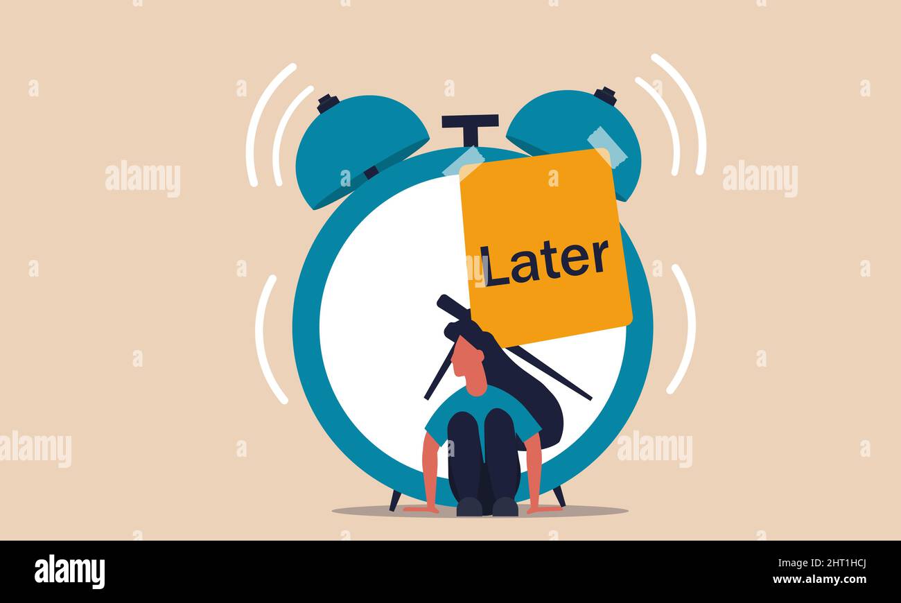 Lazy excuse and alarm clock later postpone. Motivation do unproductive and deadline time loss vector illustration concept. Later work productivity and Stock Vector