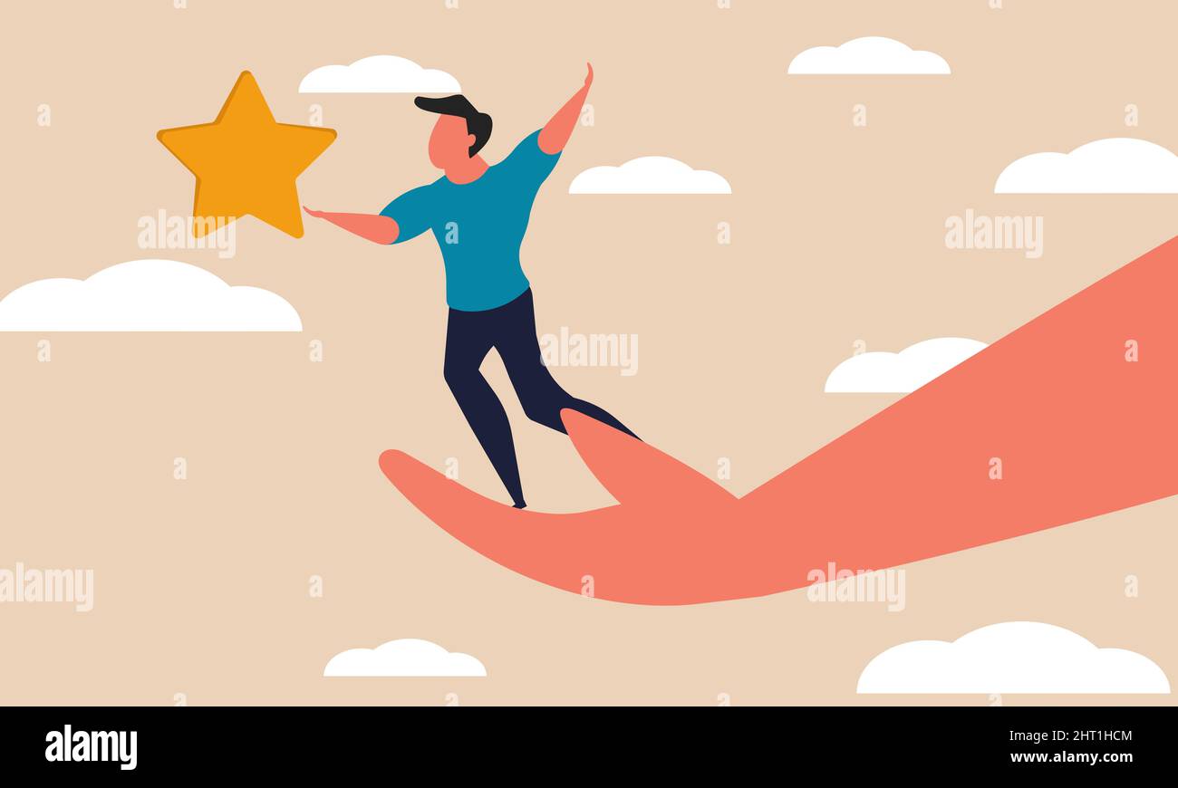 Assistance mentor and star lift overcome. Person winner business goal with hand help vector illustration concept. Coach mentoring and service inspirat Stock Vector