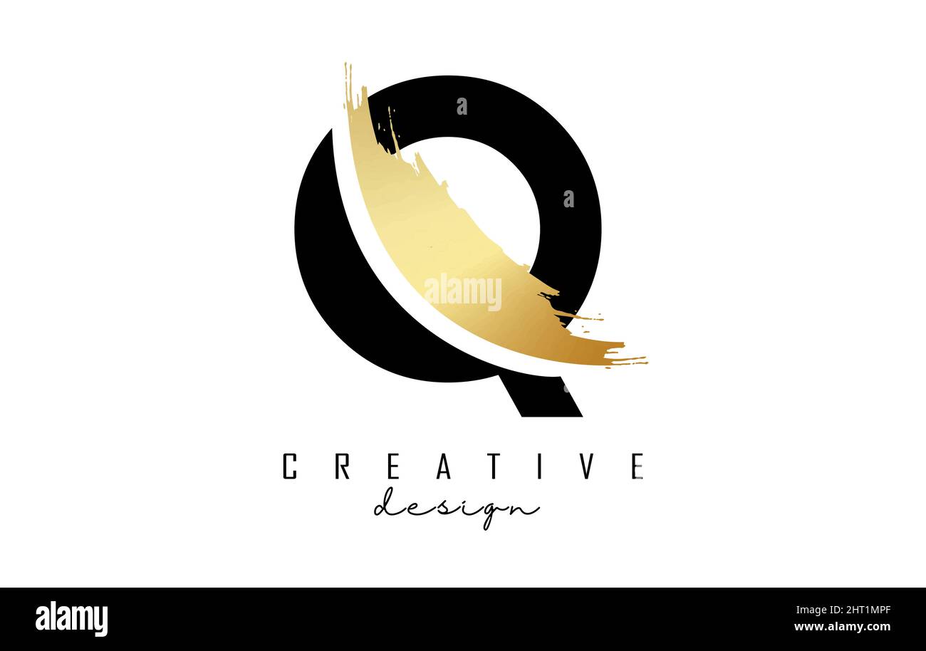 Letter Q logo with golden brush stroke and creative cut. Creative Vector Illustration with letter. Stock Vector