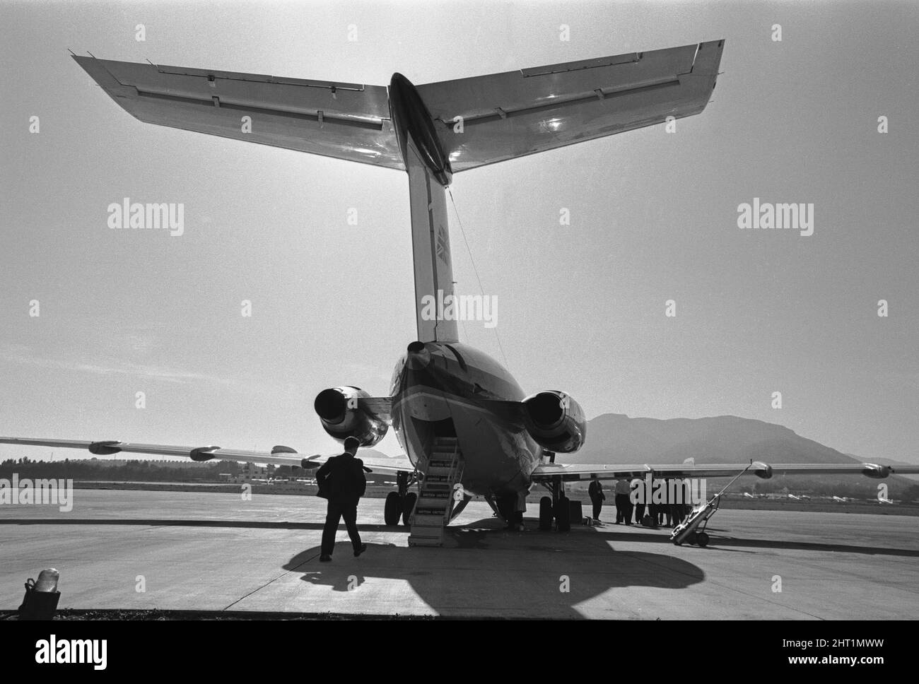 Passengers embarking onto a British United Airlines  BAC 1-11 seen here in Spain during proving flights before the aircraft enters commercial service. 27th January 1965 Stock Photo
