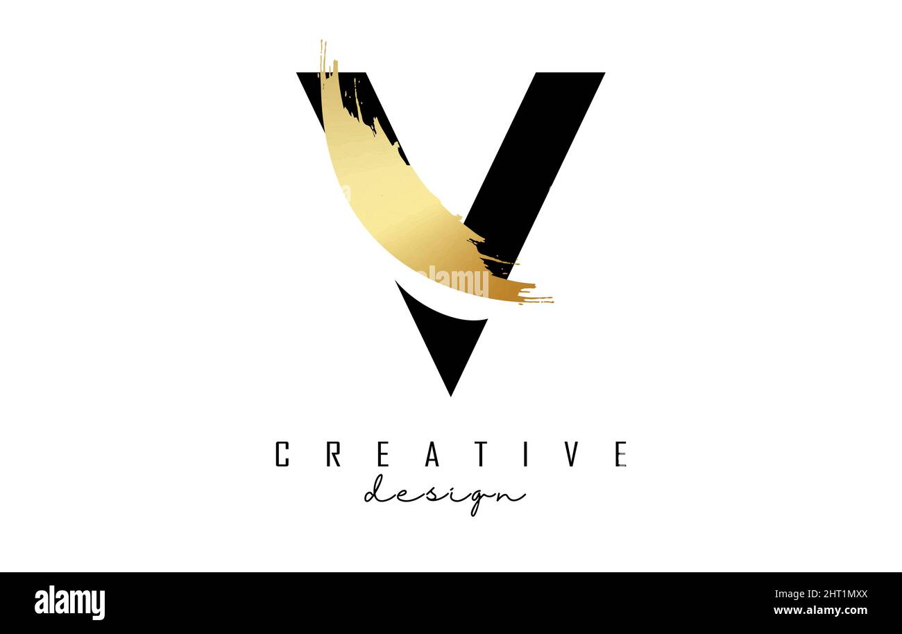 Letter V logo with golden brush stroke and creative cut. Creative Vector Illustration with letter. Stock Vector
