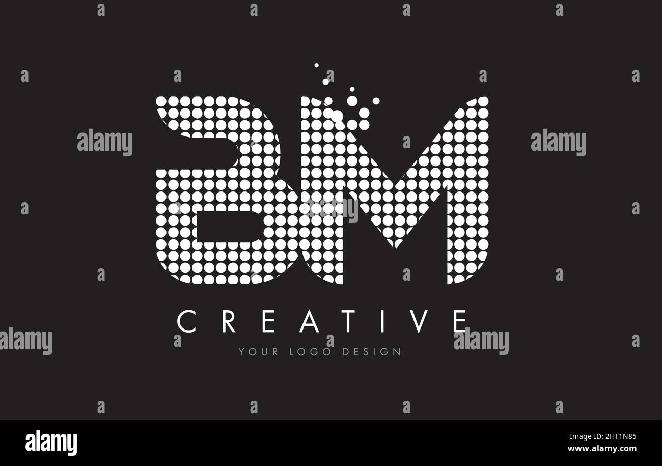 BM B M Dots Letter Logo Design White Magenta Bubble Circles and Swoosh Stock Vector
