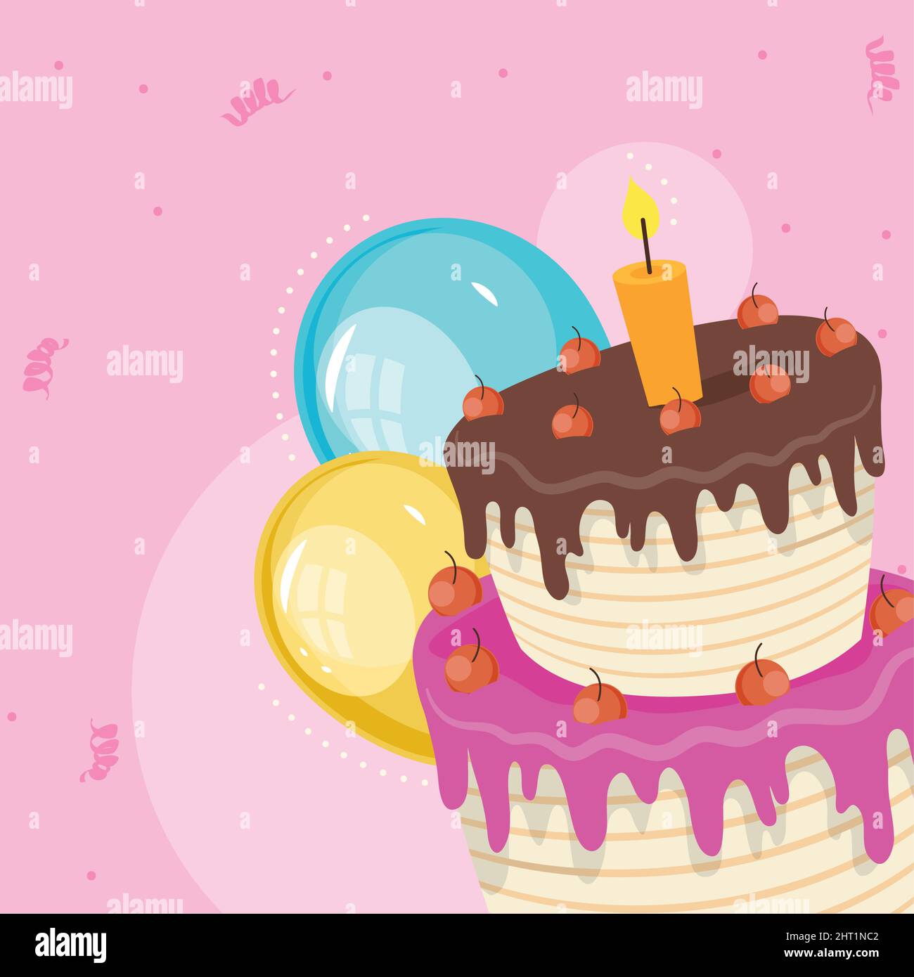 Những chiếc bánh sinh nhật như một tác phẩm nghệ thuật với bóng bay đầy màu sắc là điểm nhấn để giúp cho hình ảnh trở nên đặc sắc hơn. Vector bánh sinh nhật với bóng bay và hoa lá đầy màu sắc sẽ làm say lòng bất kì ai yêu thích sự vui tươi và trẻ trung.
