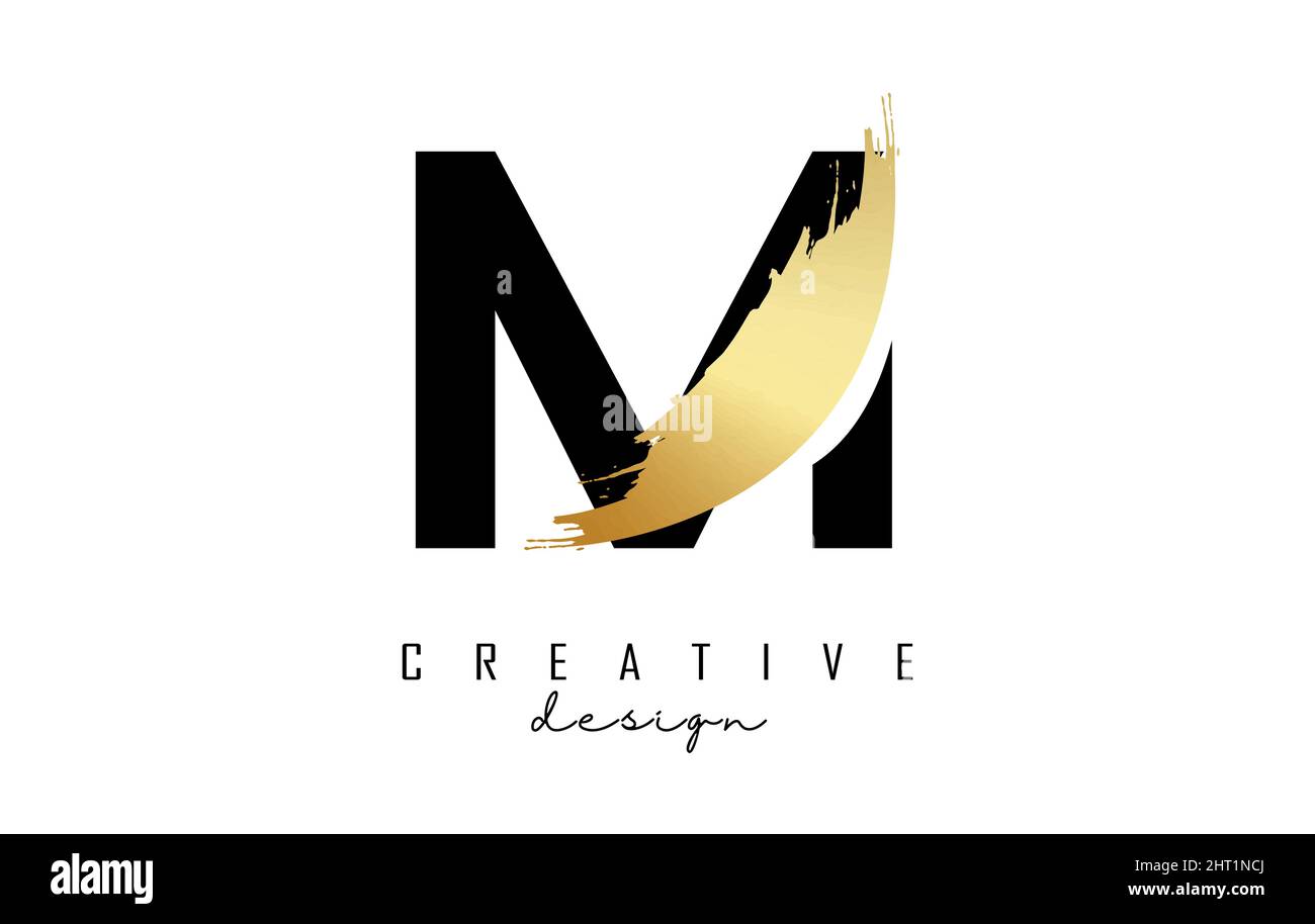 Letter M logo with golden brush stroke and creative cut. Creative ...