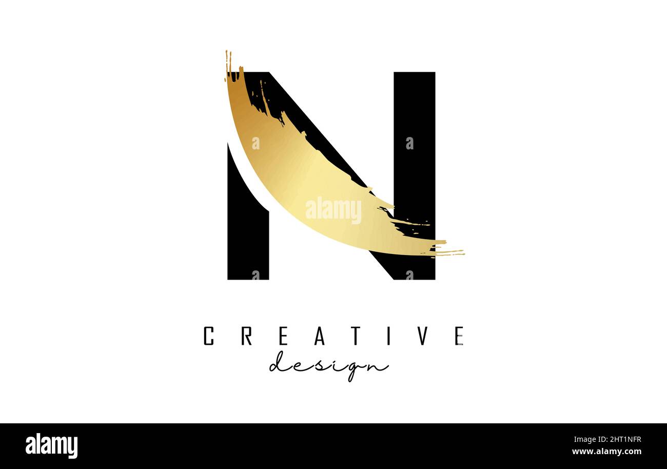 Letter N logo with golden brush stroke and creative cut. Creative ...