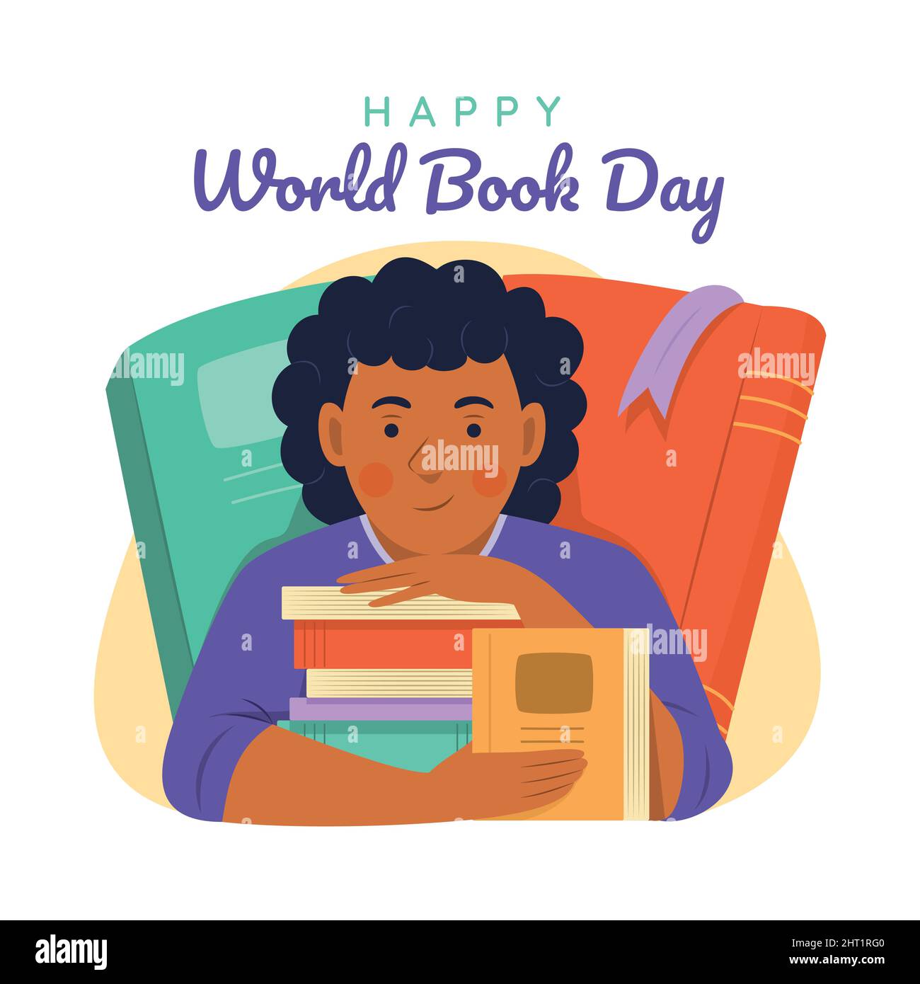 African Boy with Pile of Books for World Book Day Illustration Stock