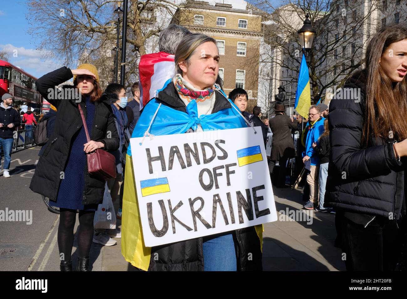 LONDON - 26TH FEBRUARY 2022: Anti war protest outside Downing Street in London, for peace in Ukraine after Russian attacks. Stock Photo