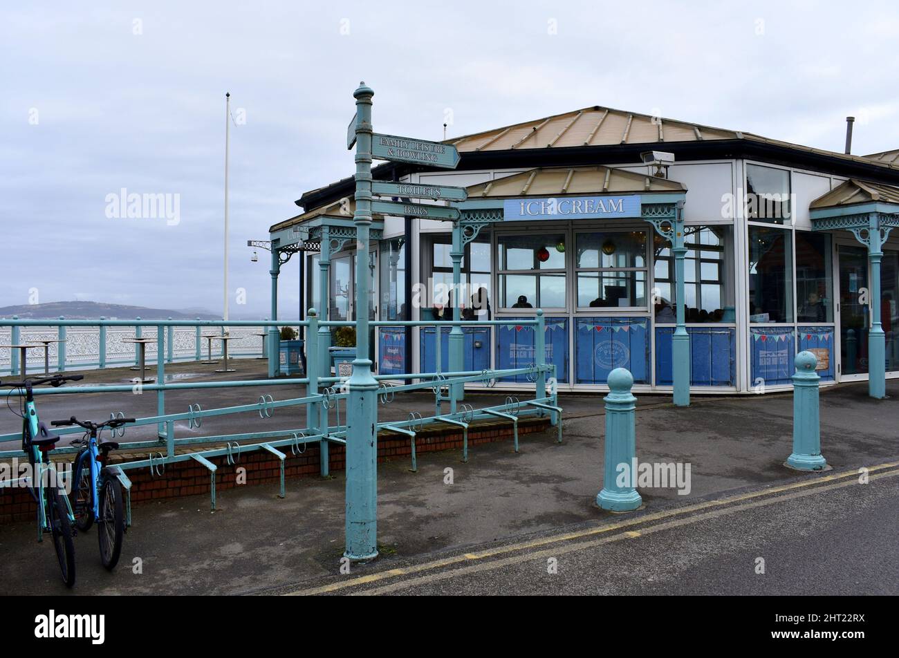 Mumbles pier beach hut cafe, Mumbles, Swansea, Wales Stock Photo