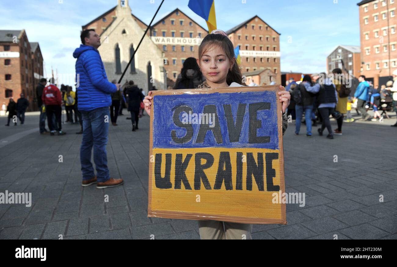 Anastasia Susinscha aged 7 who was born in Cheltenham to Ukrainian parents.   Around the world the shock of war in Ukraine is turning to anger and pro Stock Photo