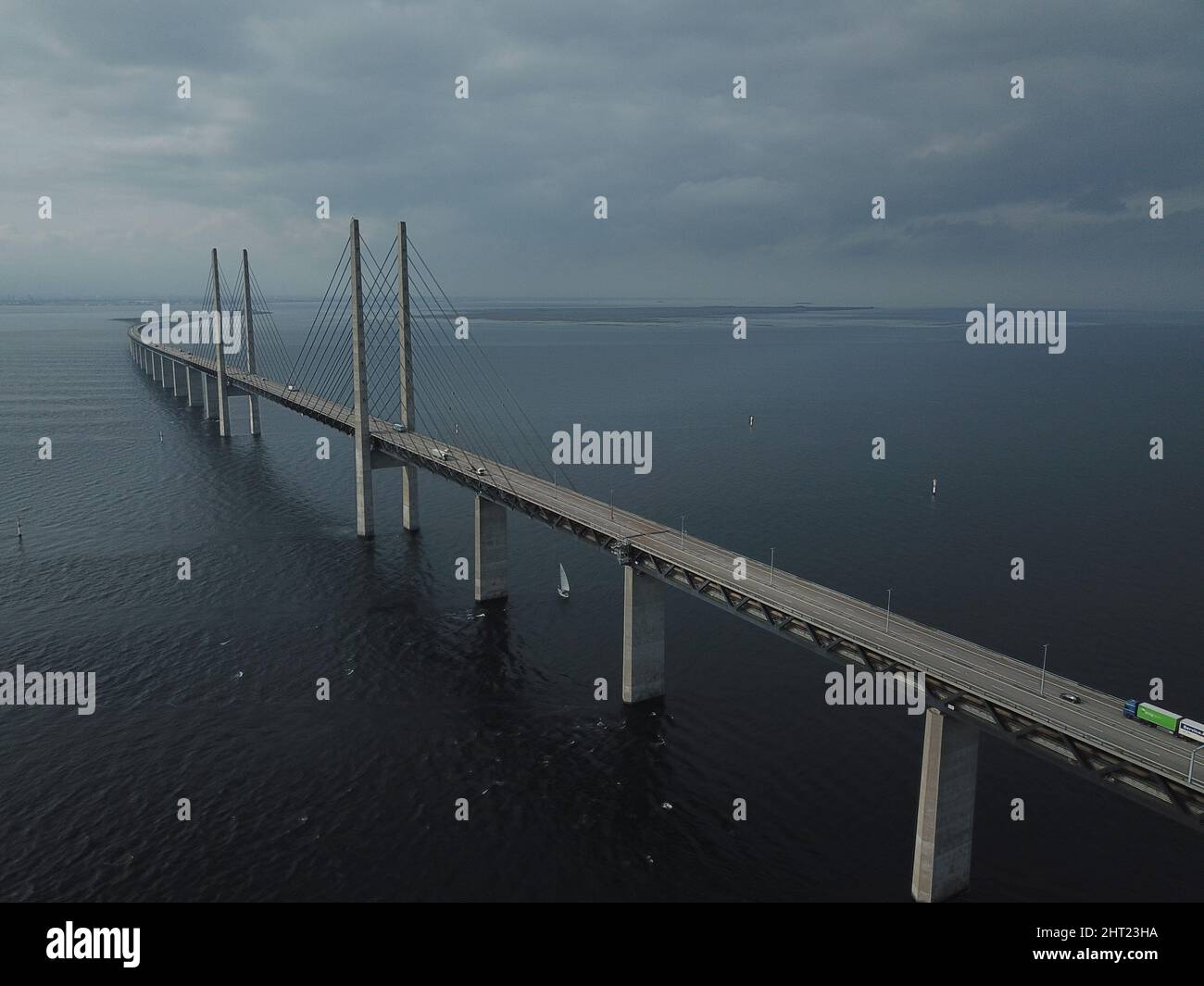 Aerial view of the Oresund bridge across the Oresund strait between Denmark and Sweden Stock Photo
