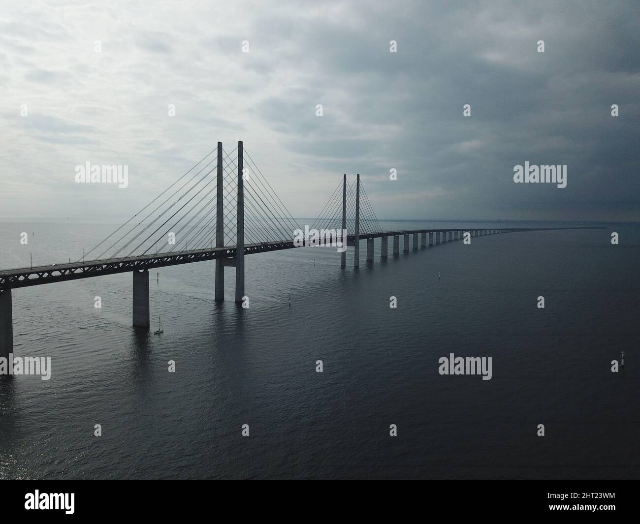 Aerial view of the bridge across the Oresund strait between Denmark and Sweden on a cloudy day Stock Photo
