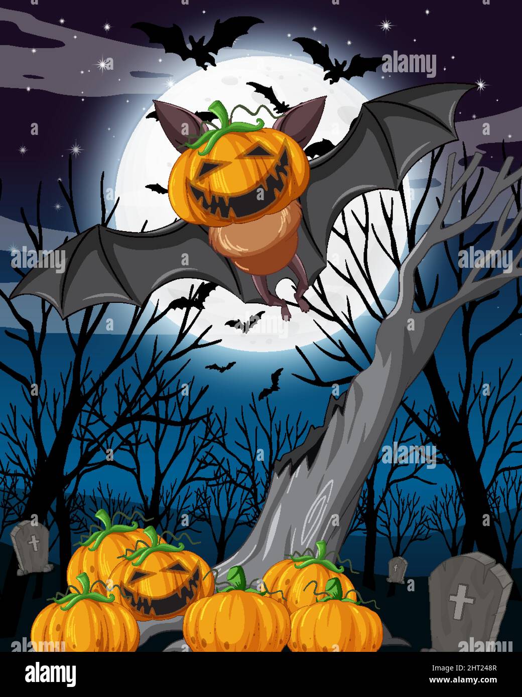 Halloween night scene with group of bats illustration Stock Vector ...