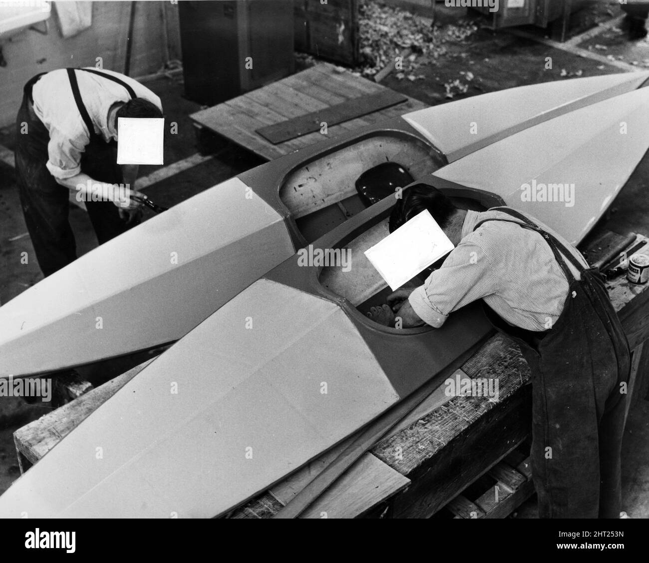 Inmates making their own canoes in the educational woodwork class at Hindley Borstal. 10th June 1966. Stock Photo