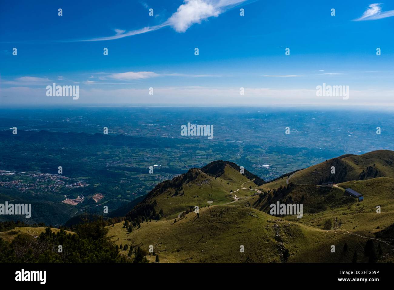 View from the top of Monte Grappa towards the south, Venice in the far distance. Stock Photo