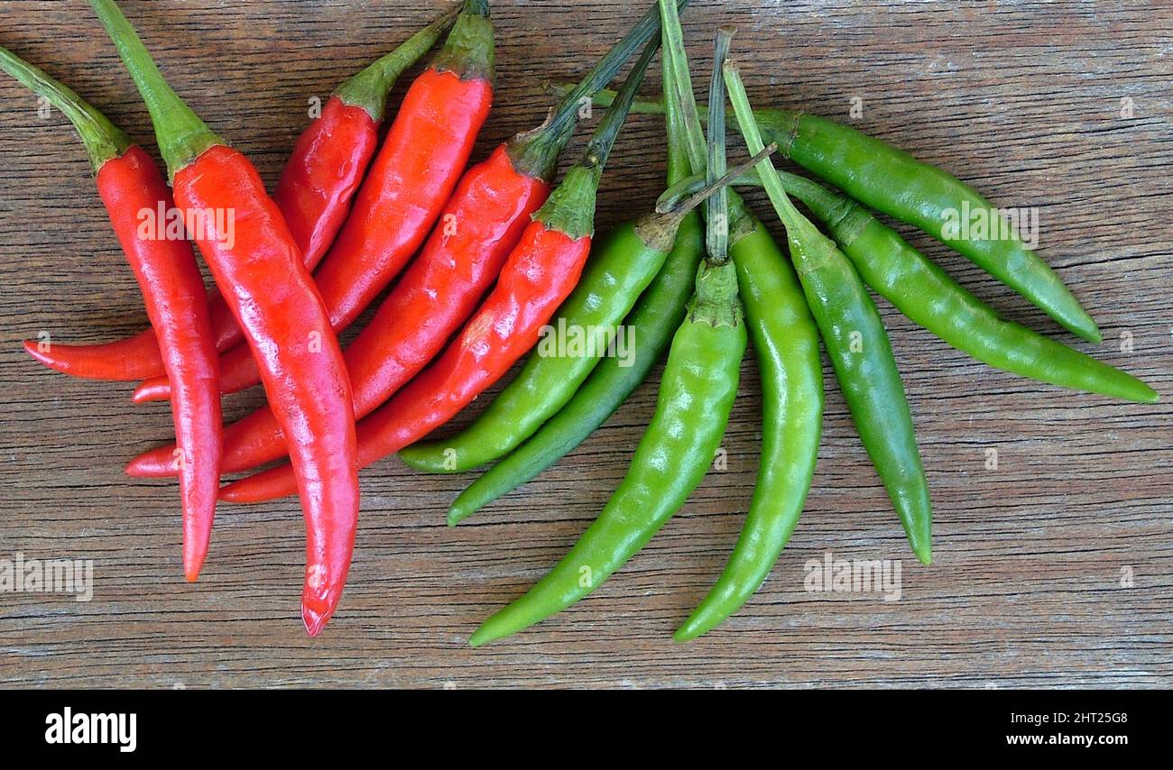 Red and green chili peppers Stock Photo