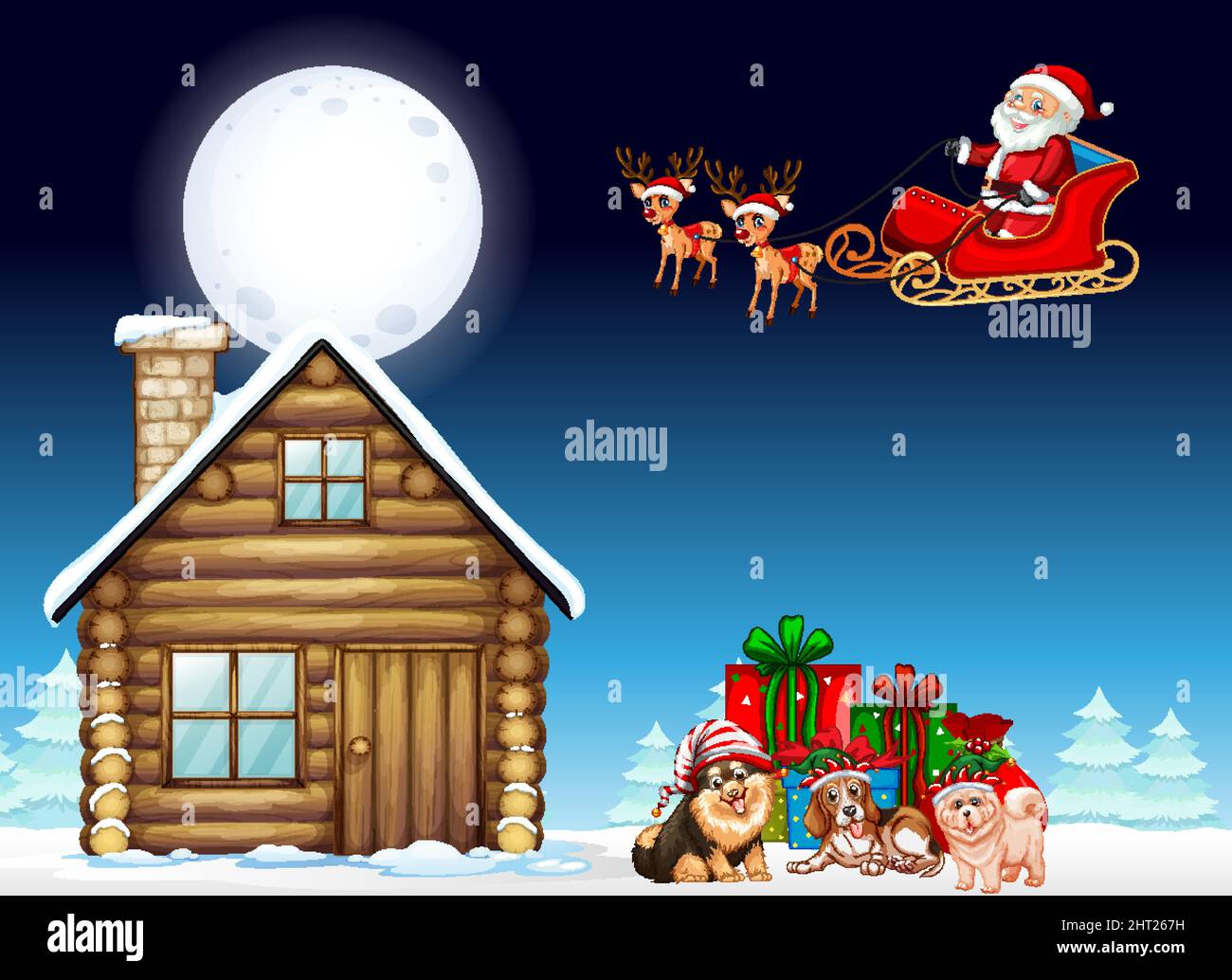 Snowy winter night with Santa Claus on sleigh illustration Stock Vector ...