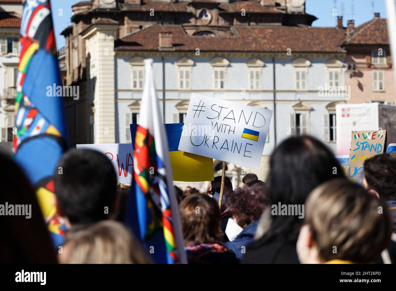 Turin, Italy. 26th Feb, 2022. People protest against the Russian invasion of Ukraine. Credit: MLBARIONA/Alamy Live News Stock Photo