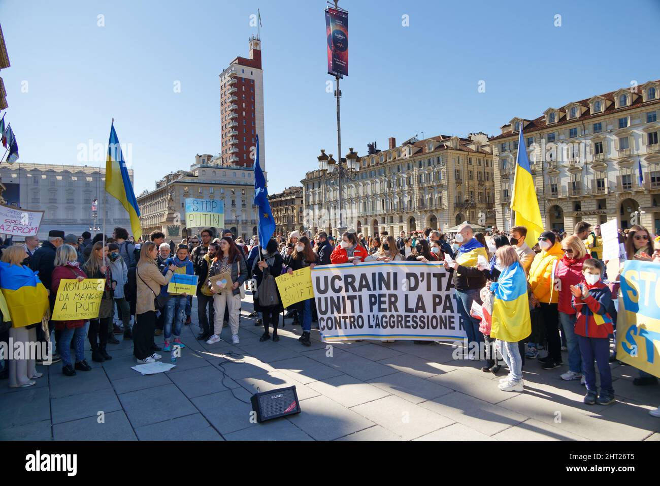 Turin, Italy. 26th Feb, 2022. People protest against the Russian invasion of Ukraine. Credit: MLBARIONA/Alamy Live News Stock Photo