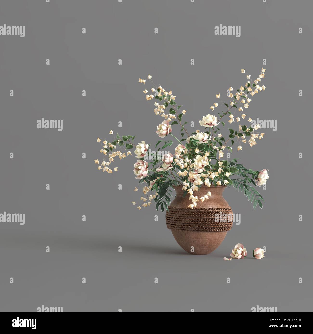 Pink flowers in a terracotta vase isolated on gray background Stock