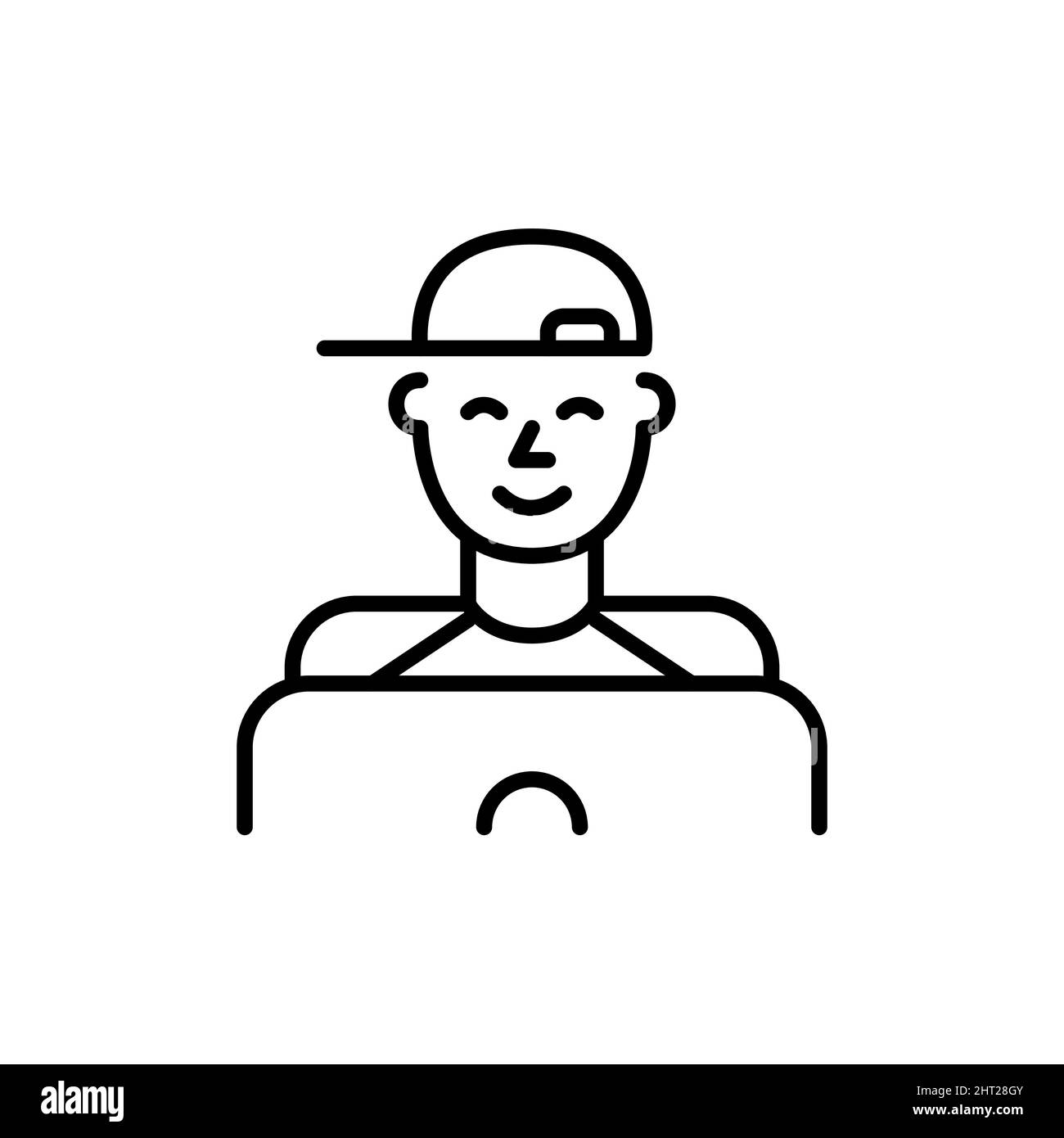 Young boy wearing a baseball cap at a laptop. Pixel perfect, editable stroke icon Stock Vector