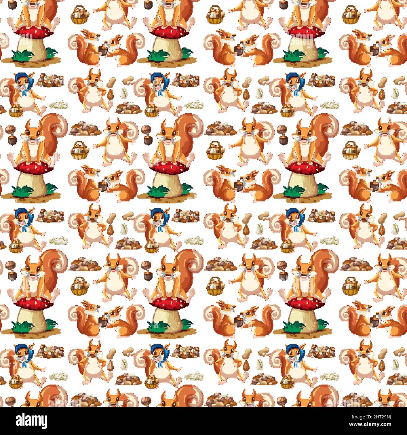 Funny squirrel with nuts on white background seamless illustration Stock Vector