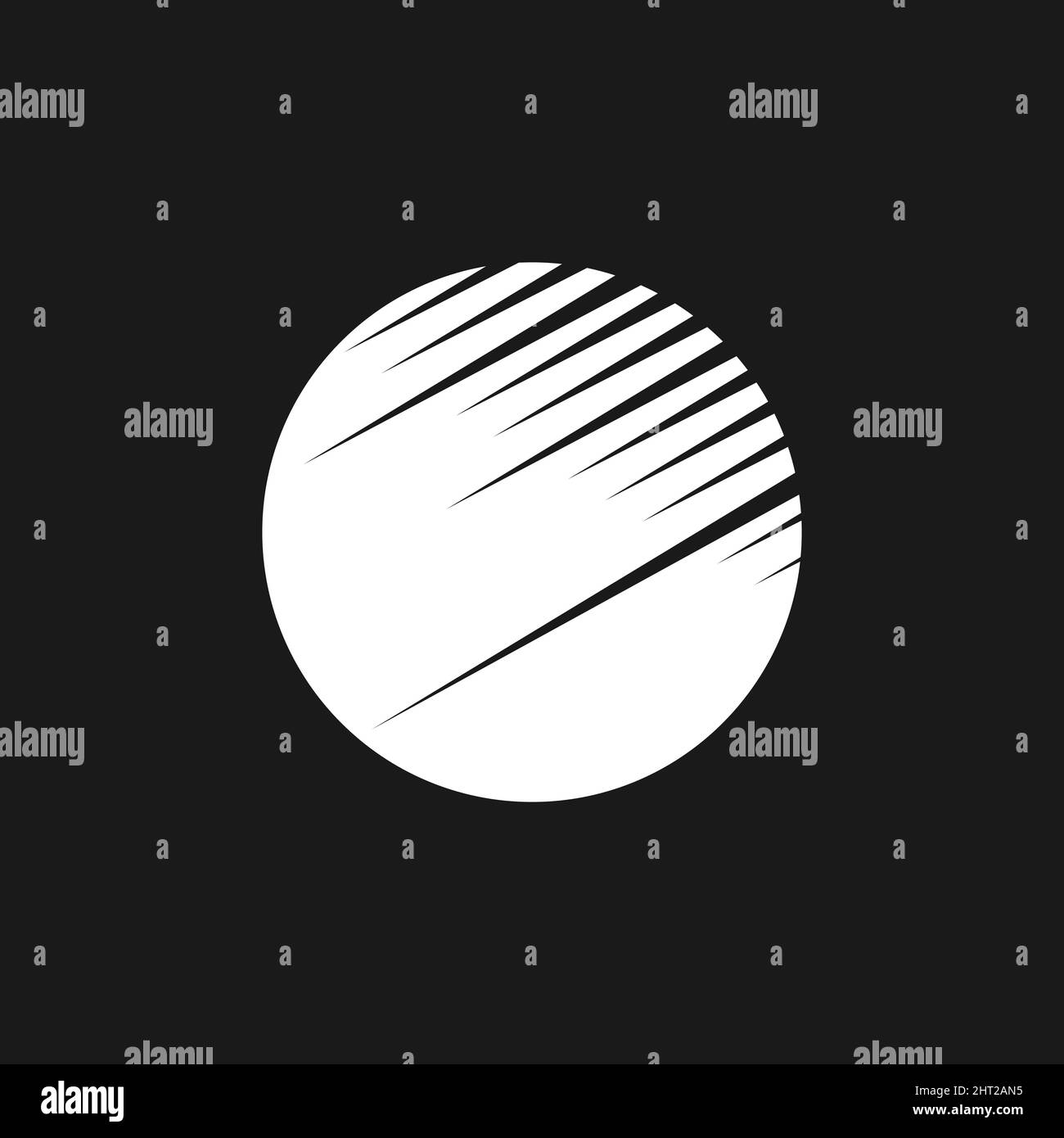Retrowave sun, sunset or sunrise 1980s style. Synthwave black and white circle shape with diagonal lines. Circle design element for retrowave style Stock Vector