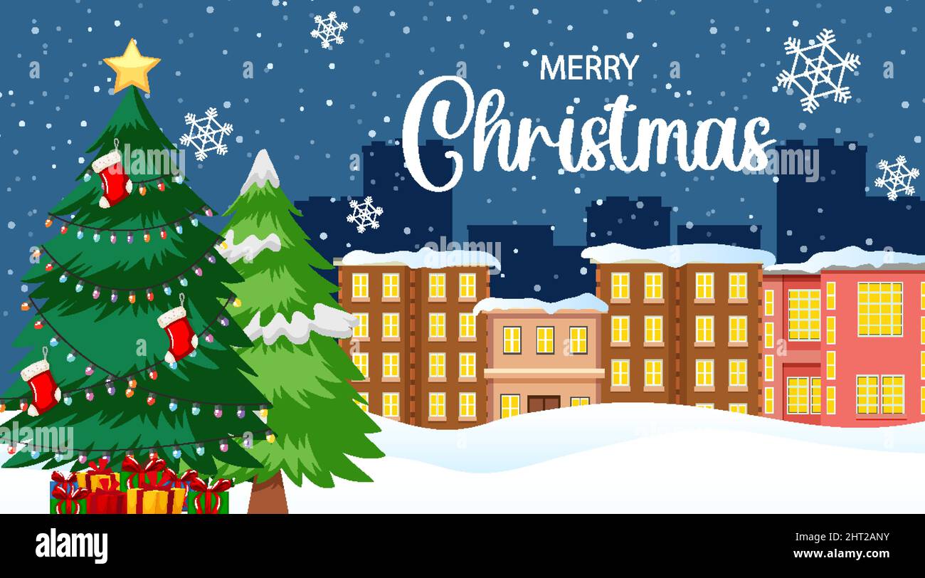 Merry Christmas banner with snow covered village illustration Stock ...