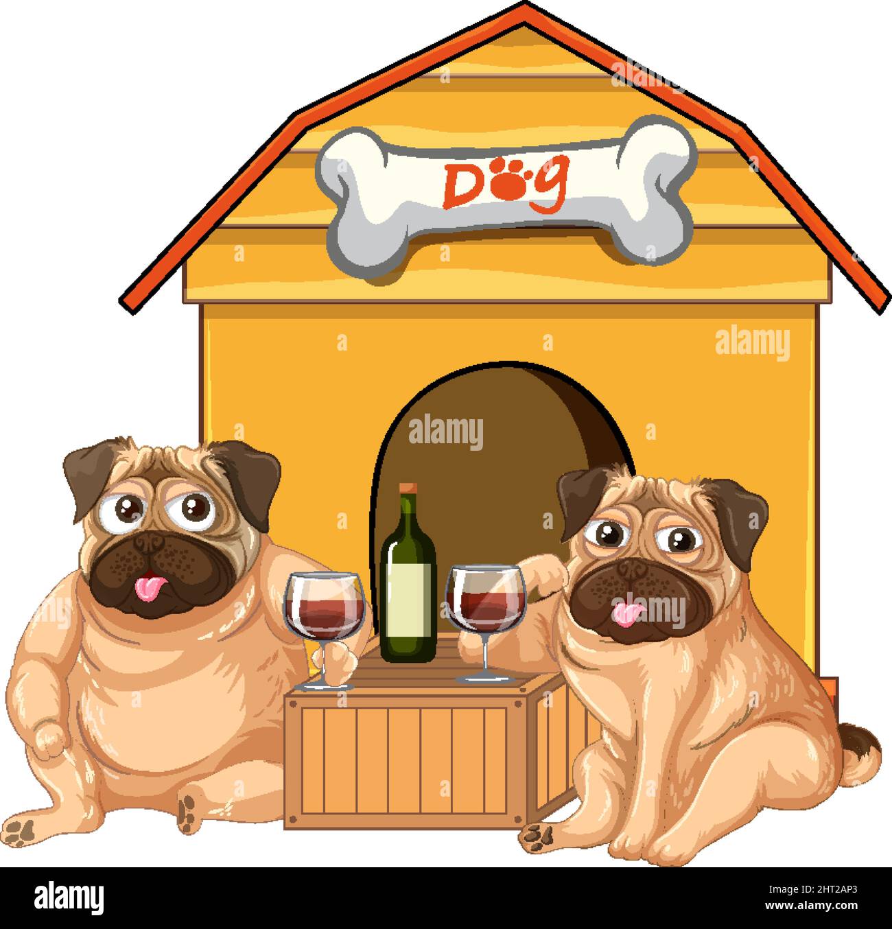 Two dogs drinking wine in front of pethouse illustration Stock Vector
