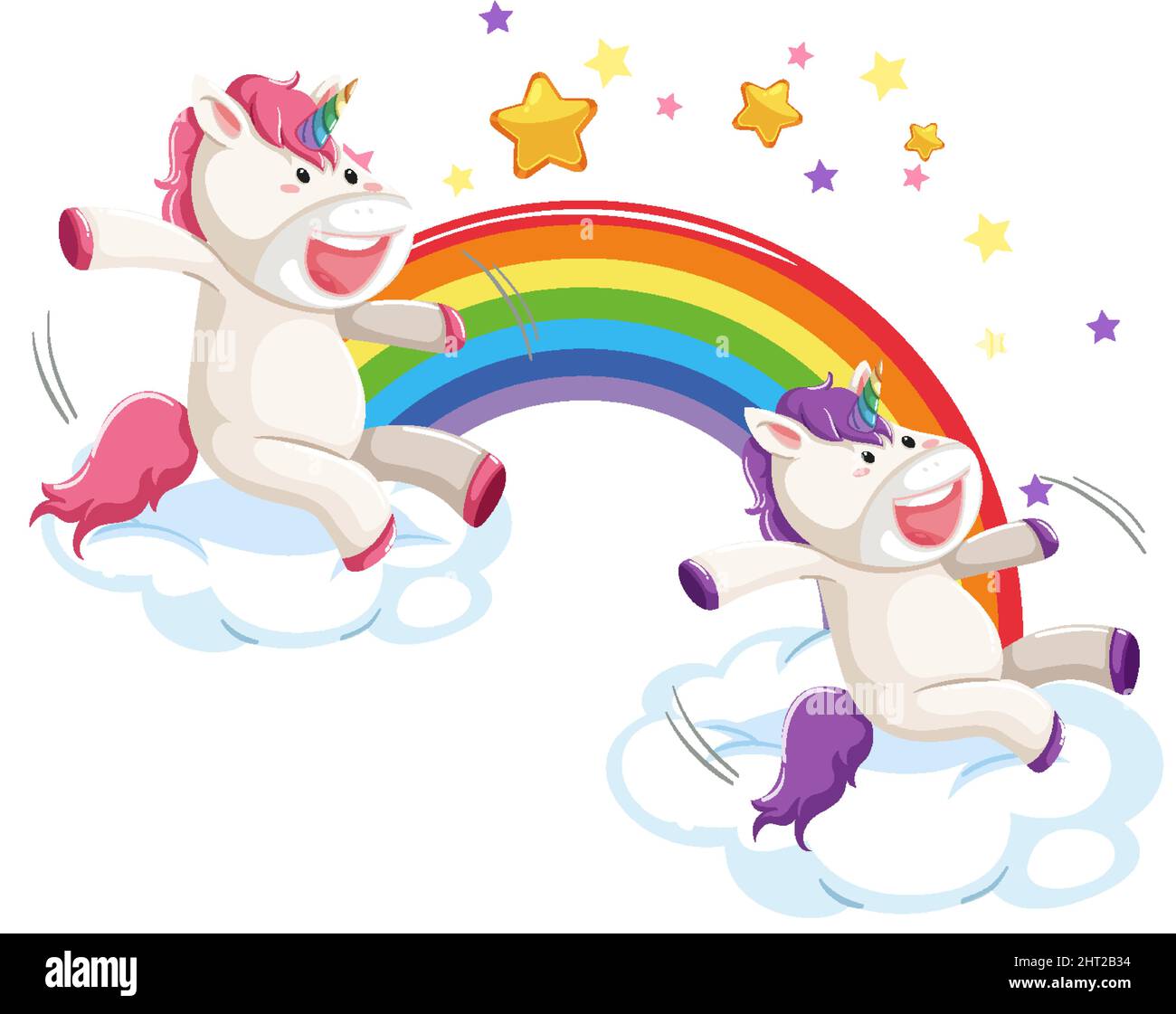 Cute unicorns sitting on a cloud with rainbow illustration Stock Vector ...