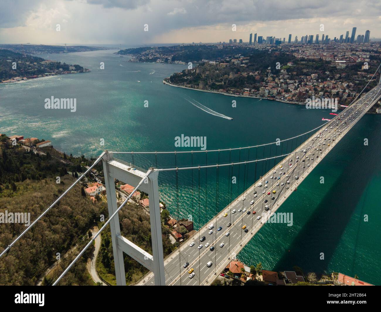 Aerial view of Istanbul Bosphorus bridge with cloudy sky Stock Photo ...
