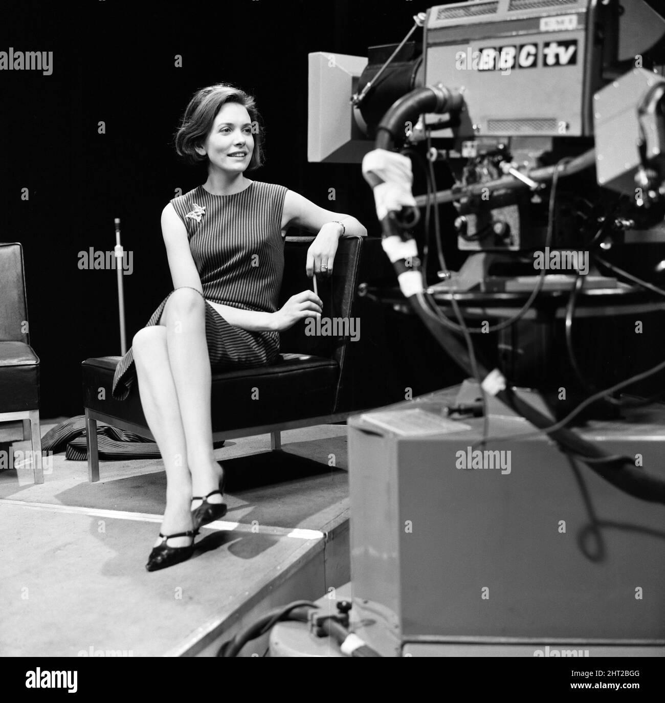 New girl for BBC2, Interviewer Joan Bakewell pictured at the BBC TV Centre at White City, London. 1st April 1965. Stock Photo
