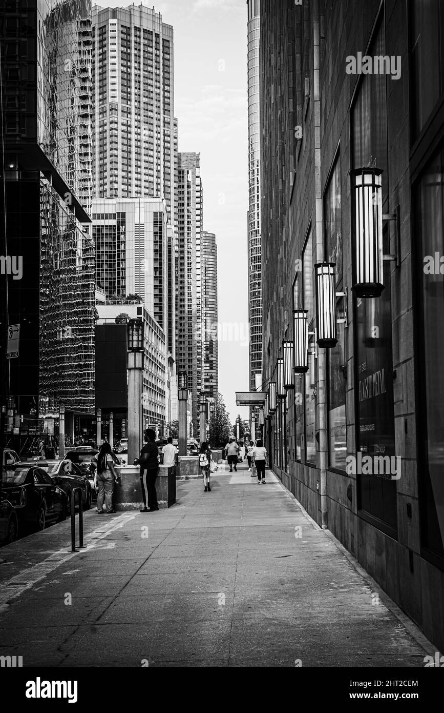 Grayscale vertical shot of tall modern buildings Stock Photo - Alamy