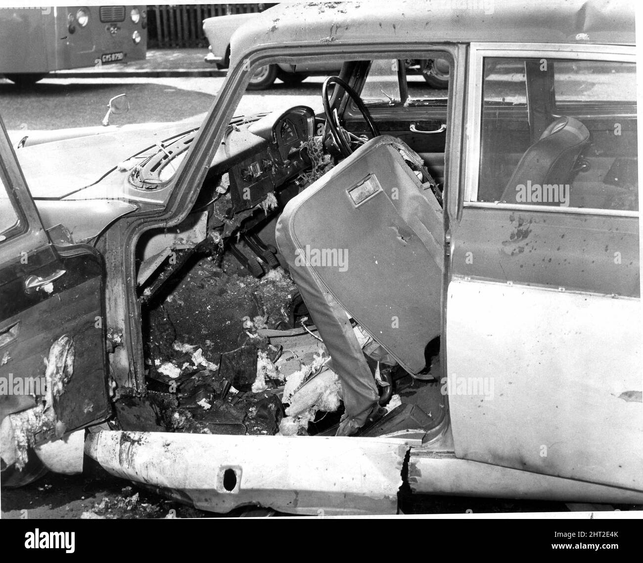 Arthur Thompson Snr, Glasgow gangster. His car a M.G Magnette after it exploded killing his mother in law Maggie Johnson. Thomson was seriously injured. August 1966. Stock Photo