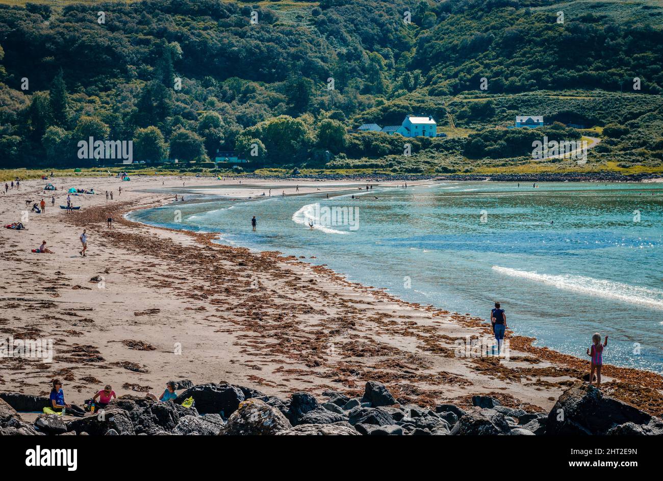 Calgary, UK - August 25 2019: View of the beach of the hamlet, in the Isle of Mull, Inner Hebrides, Scotland. Stock Photo