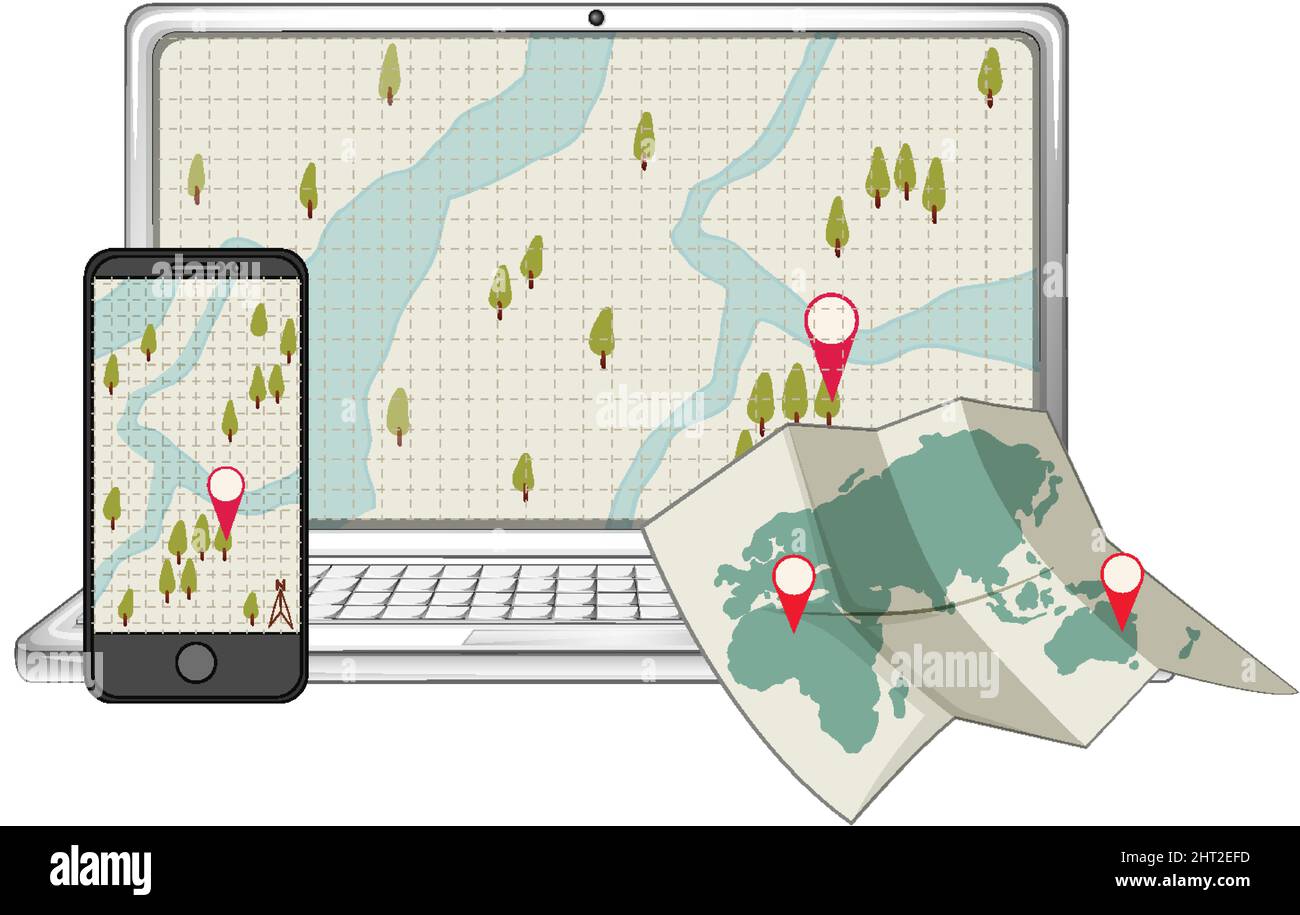 Laptop computer with map and pin location illustration Stock Vector