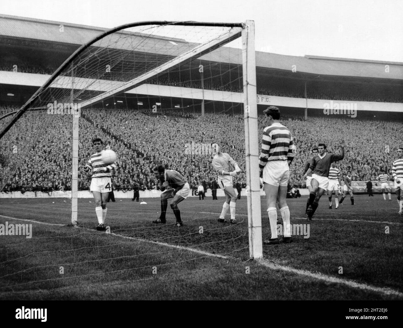 Celtic 1-0 Rangers, Scottish League Cup Final, Hampden Park, Glasgow, Scotland, Saturday 29th October 1966. The 'Goal' that wasn't. Rangers inside left Alex Smith ducks as Bobby Watson slams the ball past Ronnie Simpson into the Celtic net. But referee Tom ¿y¿harton chalks it off. Stock Photo