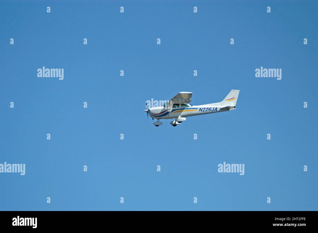 Airplane in the air - landing - Cessna 172 Skyhawk Stock Photo