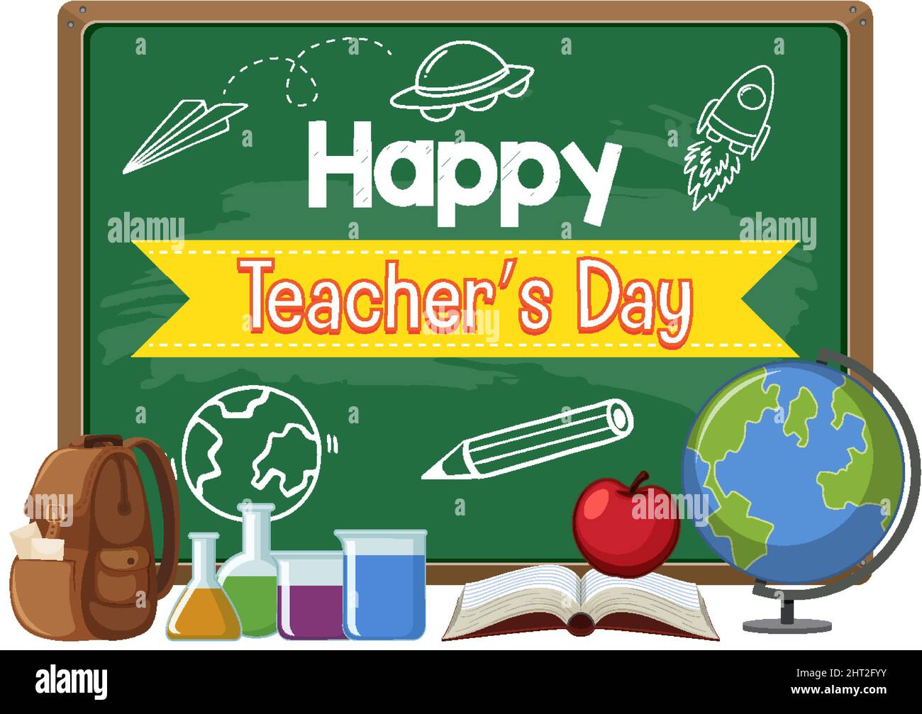 Happy Teacher's Day with a female teacher pointing on chalkboard ...