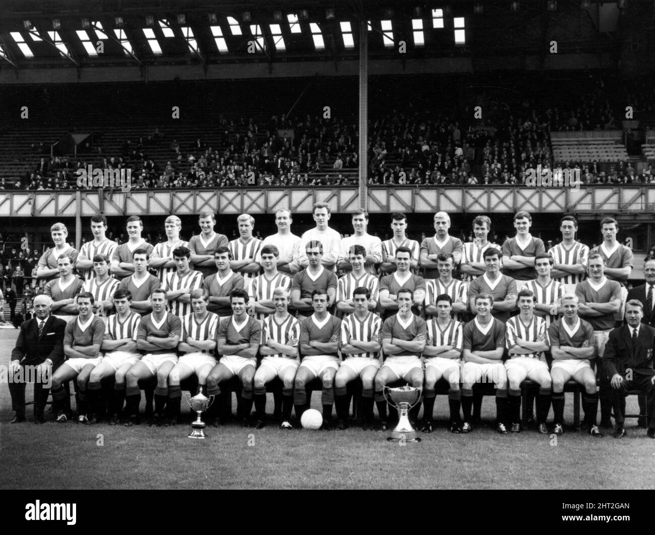 Rangers FC Team Line-up at Ibrox Stadium August 1965.  Back row (left to right) A Willoughby, J Stewart, C Watson, G Patterson, R Watson, F McGillvray, B Ritchie, N Martin, K McFarlane, D McLardy, T Beck, W Jardine, W Mathieson, W Smith, D Traill  Centre row (left to right) J Johannesen, T Donnelly, J Greig, C Jackson, R McKinnon, D Ritchie, D Provan, J Simpson, R Hynd, W Sutherland, G McLean, W McCartney, W Woods, Joe Craven  Front row (left to right) manager Scott Symon, W Henderson, N Paul, J Millar, A Reid, J Forrest, D Setterington, E Cladow, S Semple, R Brand, J Jardine, W Johnston, J Vi Stock Photo