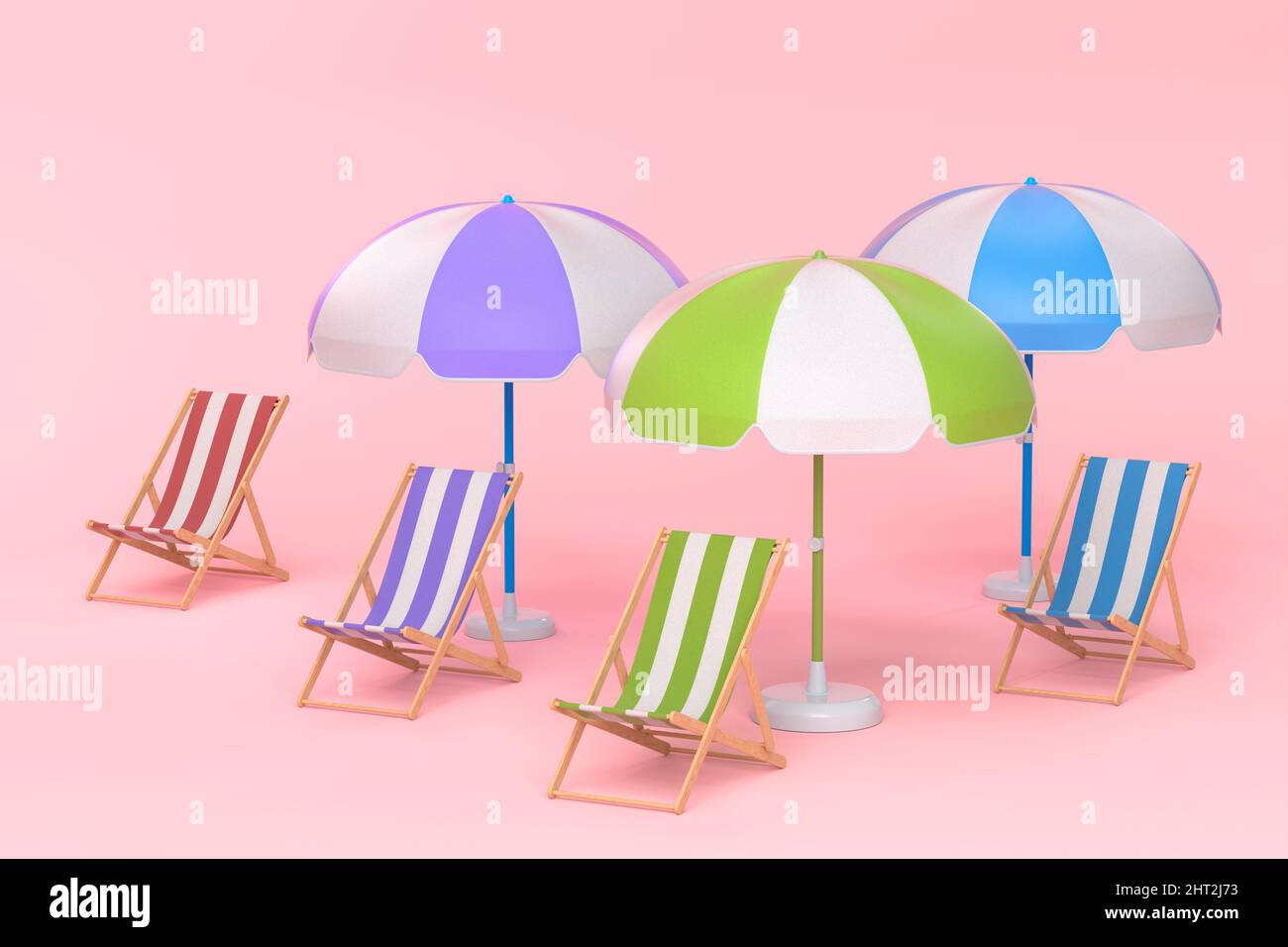Beach chairs with umbrellas and beach ball on pink background. 3D