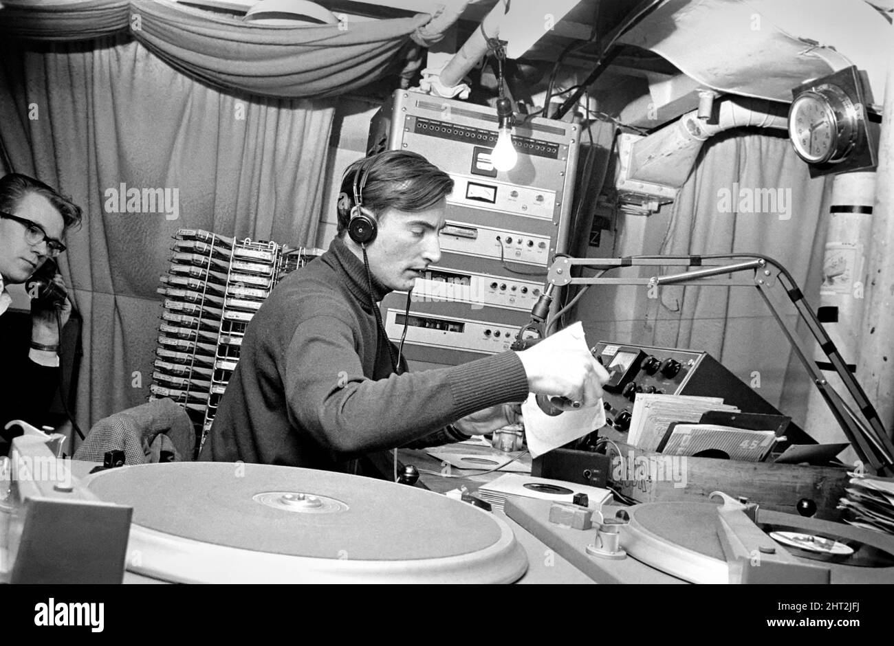 Radio London: Pirate Radio Station. General scene around the Motor Vessel  Galaxy which is home to Radio London. Whilst the disc jockeys broadcast to  the nation, the skipper ensures that they keep