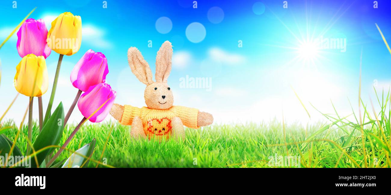 Easter composition with rabbit Festive decoration Happy Easter Stock