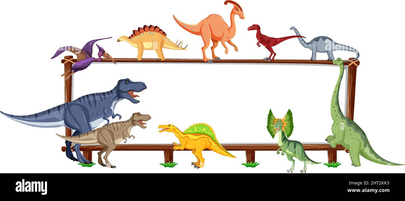 Group of dinosaurs around board on white background illustration Stock ...