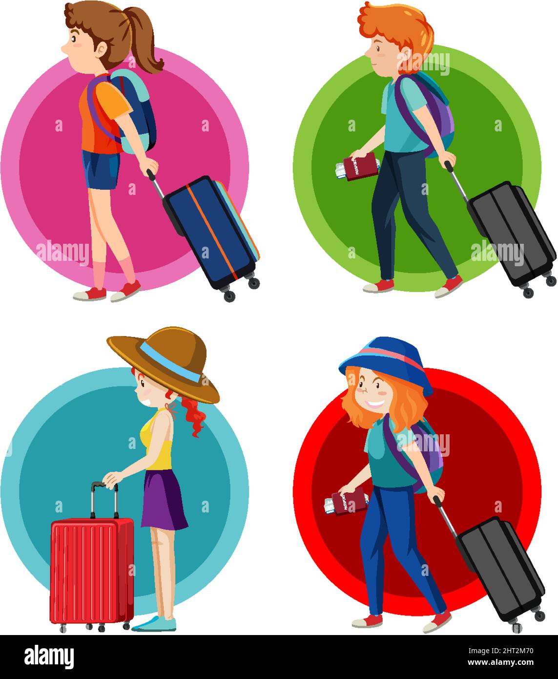 Set of boys and girls traveling with one bag illustration Stock Vector