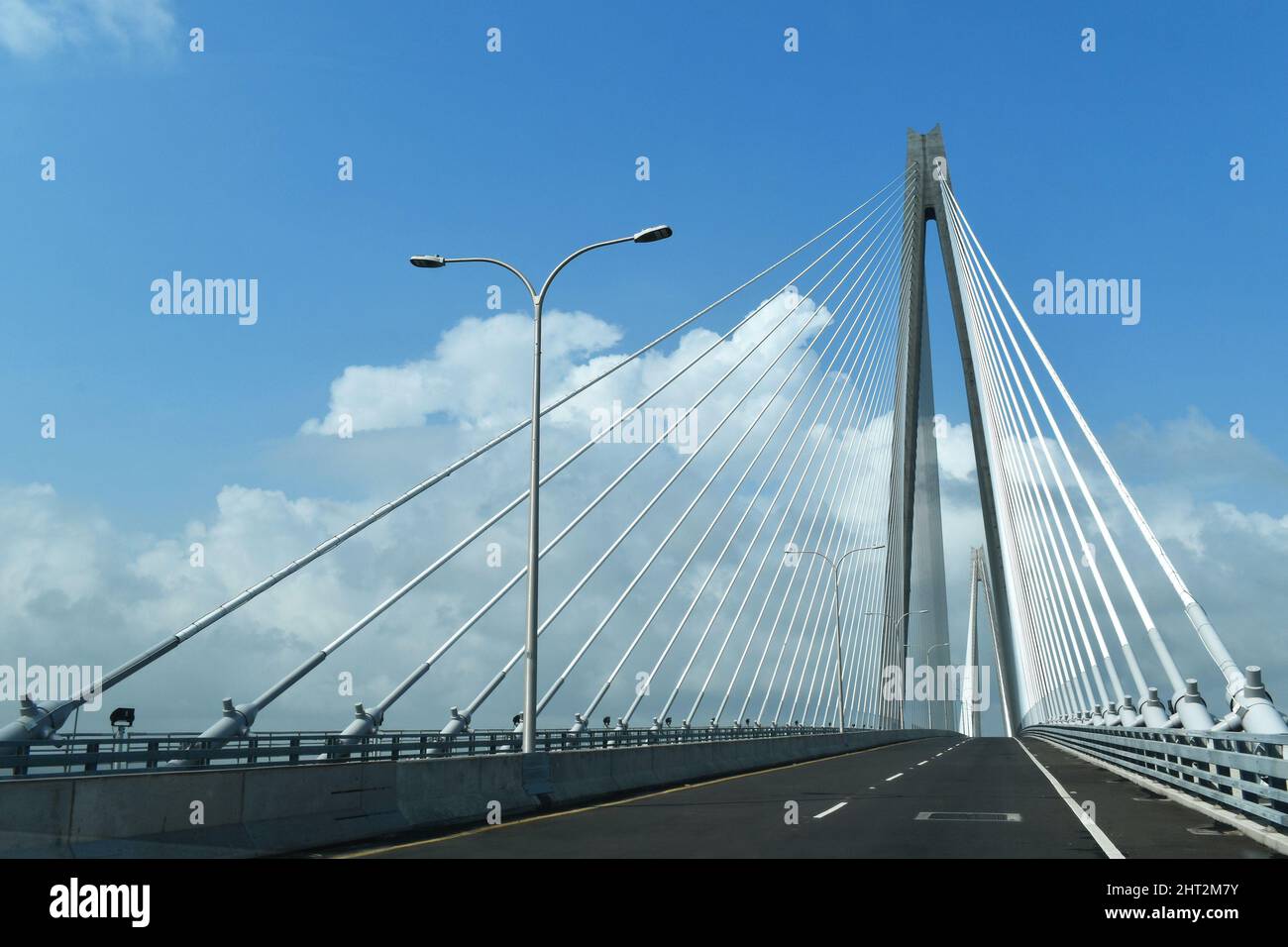 Atlantic Bridge, entrance to the Panama Canal from the Atlantic Ocean, the third bridge has two pylons and is suspended, near the city of Colon. Stock Photo