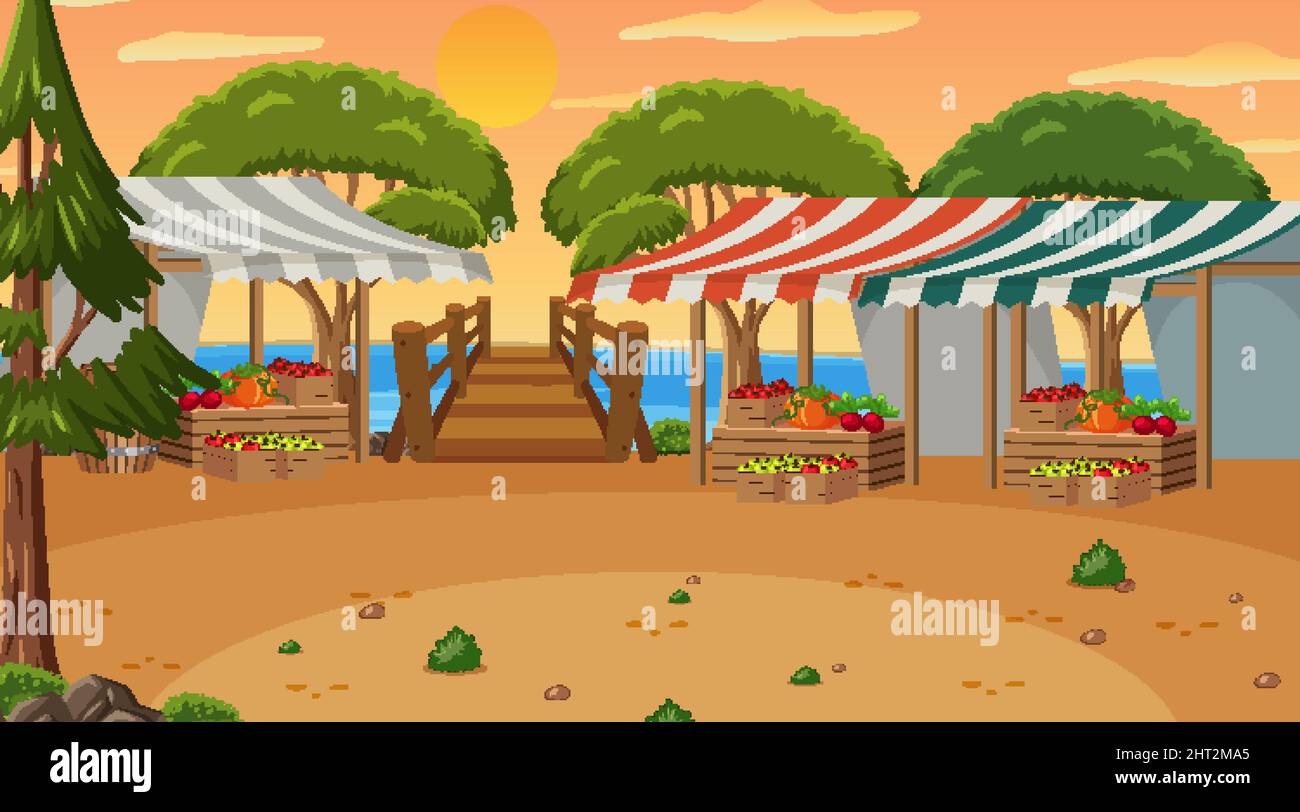Medieval town scene with villagers and market illustration Stock Vector ...